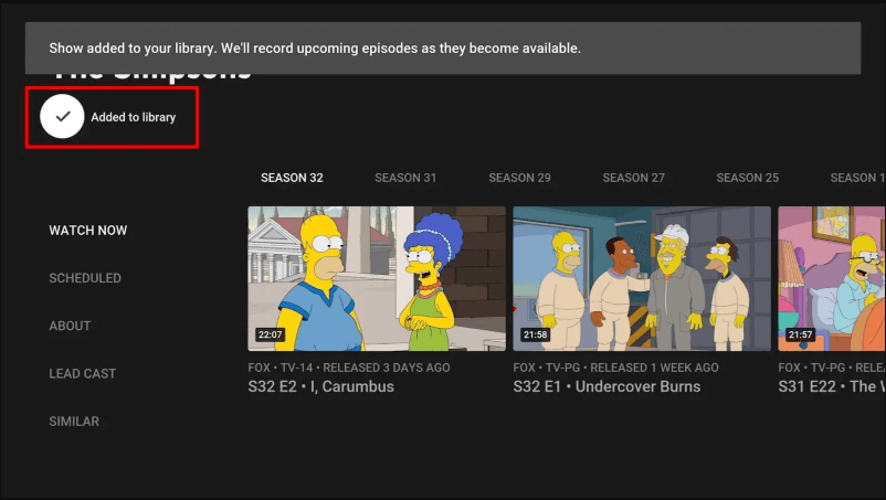 YouTube TV Add to Library