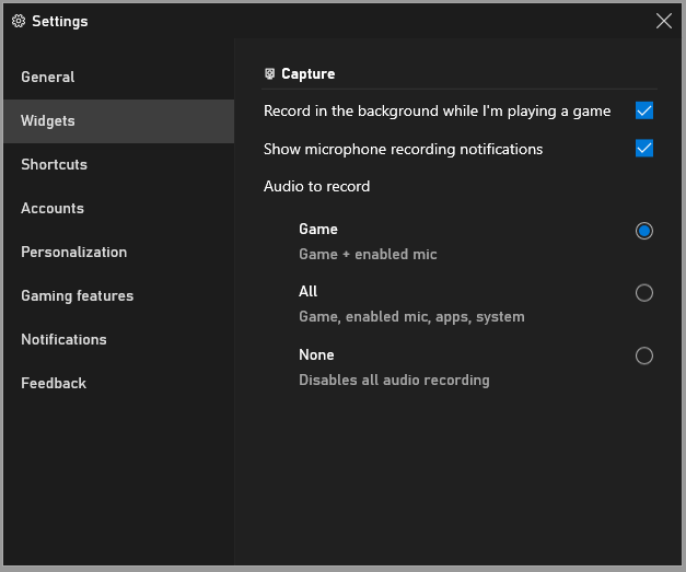 Xbox Game Bar Widgets Settings