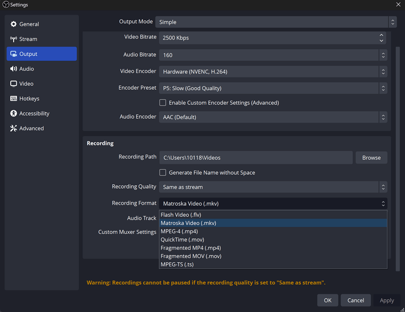 OBS Output Settings