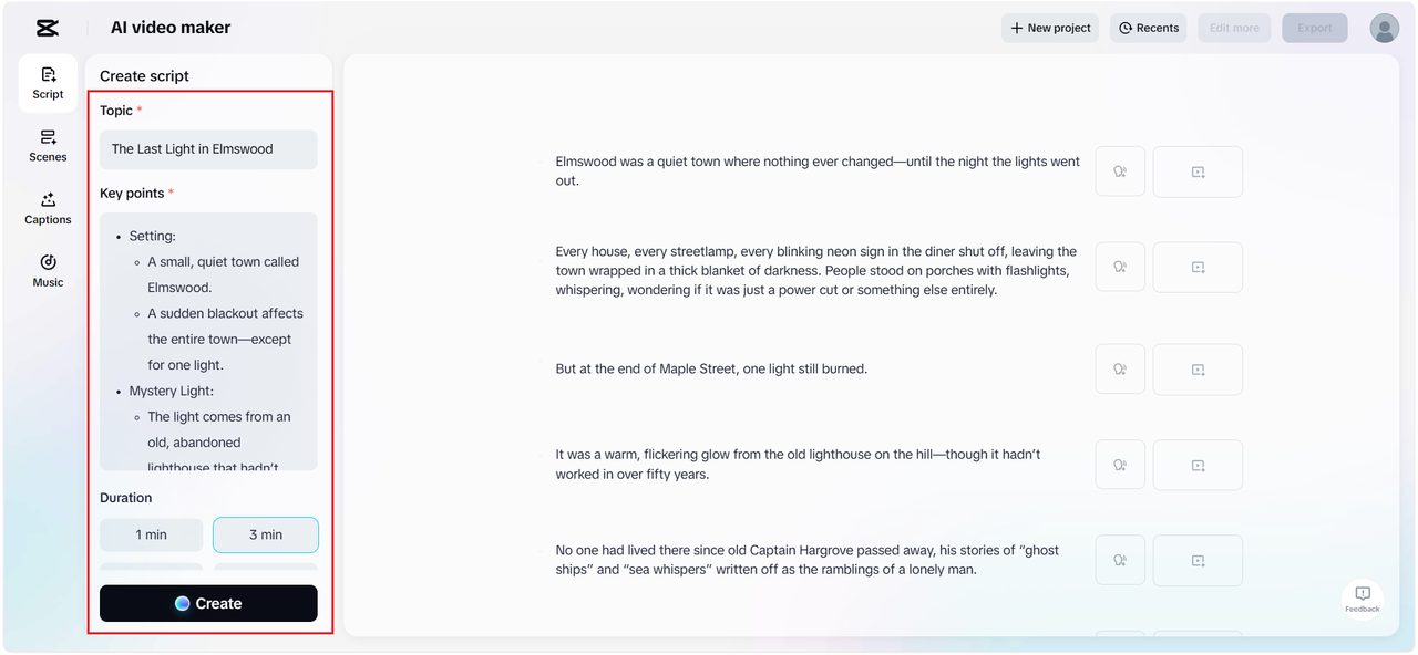 Create script in CapCut Web