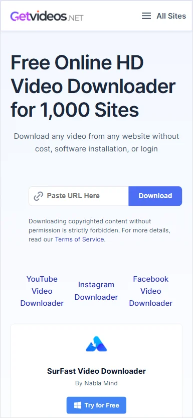 GetVideos.Net Onlline Video Downloader on Mobile
