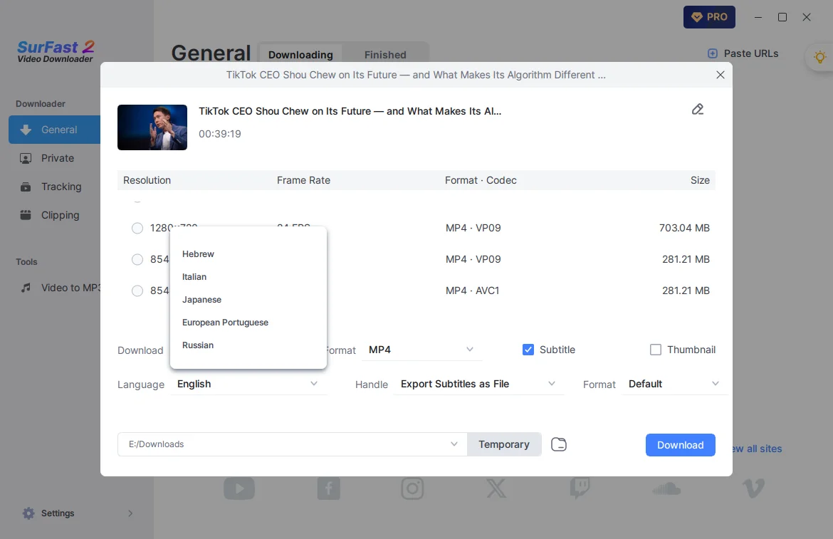 Select Subtitle Download Language