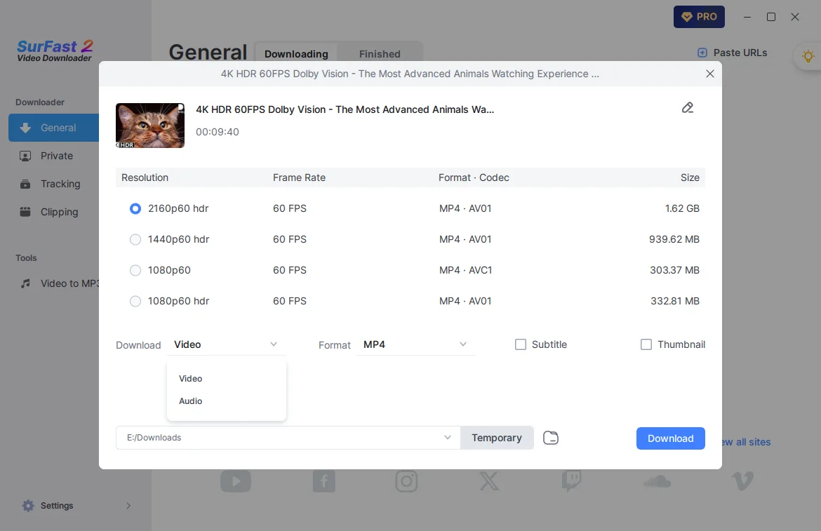 Set output settings in SurFast Video Downloader